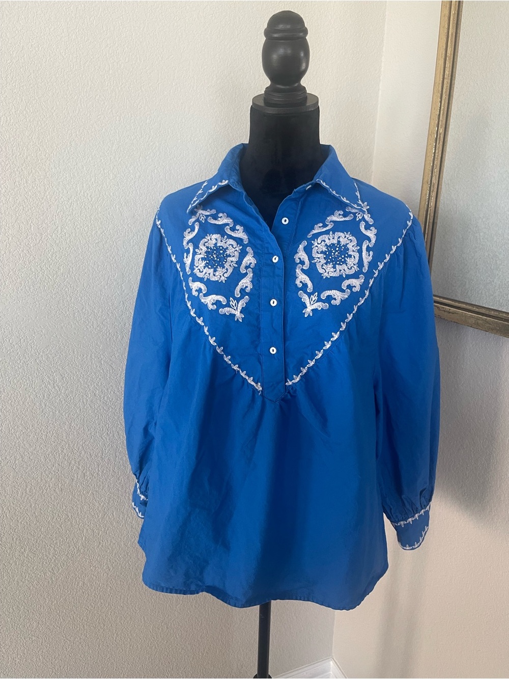 Zara Royal Blue Button-Down Shirt with White Embroidery